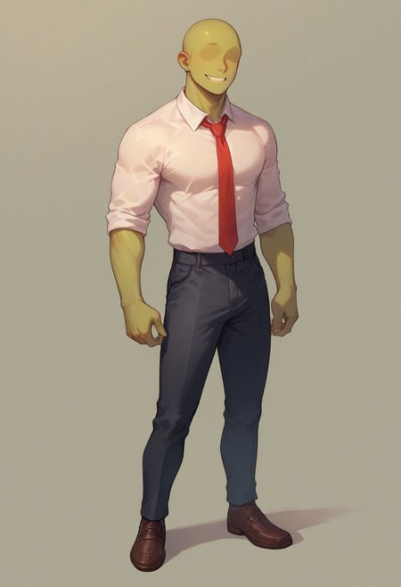 score_9, score_8_up, score_8,
1boy, solo, green skin, no eyes, no eyebrows, bald, black business suit, white under shirt, red tie, black suit pants, average body, full body, smiling
