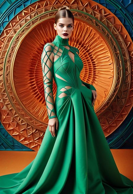 A  (((high-budget fashion magazine editorial cover photo))), Haute Couture, a BARBARA PALVIN-like model dressed in a luxurious, green handcrafted cotton dress with a futuristic style, with studio lighting and a (over the shoulder shot), giving off a (Kodak Portra 400 film aesthetic) that exudes an air of sophistication and advanced technology, seamless pattern of fused plastics of varying hues created in shapes of sacred geometry background, green orange red blue background, green orange red blue, Masterpiece, Best resolution, Sharp, HD,Detailed, Award Winning,4K, Professional of Artstation