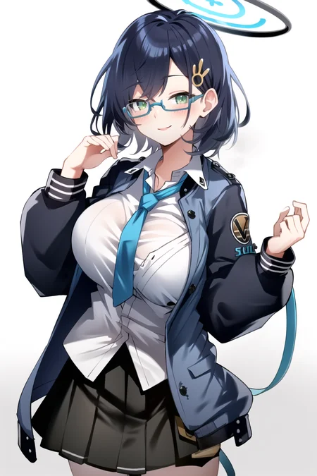 masterpiece, best quality,
chihiro\(blue archive\), 1girl, solo, large breast,blue hair, smile, happy , blush,halo,school uniform,jacket , necktie,white shirt, blue shirt,bang, green eyes, glasses,looking at viewer, skirt, hairpin,cowboy shot,upper body ,hands inside pocket<lora:chihiro:0.8>