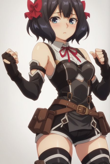 (score_9,score_8_up,score_7_up, ),<lora:TXWL_DN_v2.0_pony-000036:1>,
TXWL_DN,1girl,solo,black hair,fingerless gloves,thighhighs,blue eyes,short hair,black thighhighs,blush,red ribbon,black gloves,hair bow,belt,detached sleeves,black shorts,belt pouch,cowboy_shot,simple_background,gray_background,shirt,thigh_boots