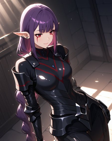 (black armor:1.50), 
sl-esil, red eyes, purple hair, blunt bangs, ear rings, ear piercings
medium breasts, 1girl, (solo:0.60), (skinny:0.8),
(masterpiece, highres, ultra-detailed,very aesthetic, best quality, absurdres, high quality, highres), 
light smile,
folded,
(:0.90), 
BREAK,
,
light particles light rays sunlight
,
long braid
<lora:sl-esil-V03-illXL-000002:0.70>