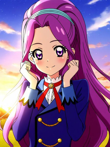 general,highres, ultra-detailed,very aesthetic,best quality ,best hands, BREAK <lora:Kanzaki_Mizuki_aikatsu!_IS:1>
kanzaki_mizuki(aikatsu!), 1girl, solo, purple hair, purple eyes, long hair, ponytail, high ponytail, hairband, very long hair,
smile, looking at viewer, starlight academy school uniform,
 upper body, 
sky, outdoor,