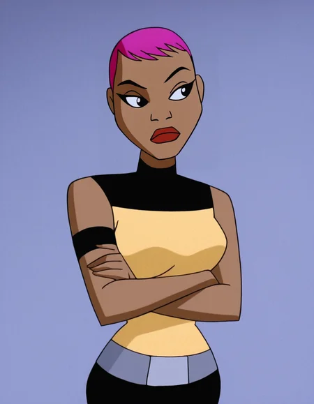 <lora:MaxGibsonIllustrious1.0JLFO:1> maxgibson, short hair, 1girl, pink hair, solo, dark skin, dark-skinned female, black eyes, sleeveless, makeup, lipstick, breasts, belt, black pants,crossed arms, looking to the side,