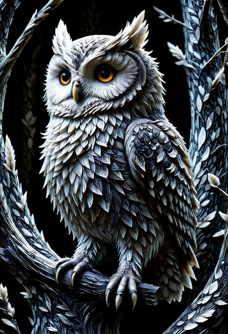 majestic owl figure,
crystalstexture skin,(extremely delicate and beautiful), highly detailed, WhiteMold, art style, 3d printed mold, 
intricate details, dramatic composition, contrast, texture, high quality, stunning art, detailed, outlines, 
ScribbleRay, doodle, sketch, black and white,
background is cozy room,
