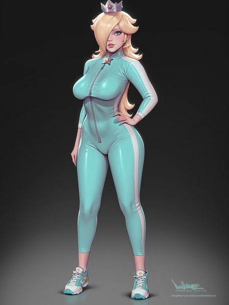 score_9, score_8_up, score_7_up, score_6_up, score_5_up, score_4_up,
BREAK
1girl, rosalina, biker rosalina, blonde hair, hair over one eye, crown, 
BREAK
solo, standing, cyan bodysuit, black bodysuit, bikesuit,
BREAK
black background, simple background, realistic, <lora:Lunas-Pinkdrawz-SDXL-A1:1>