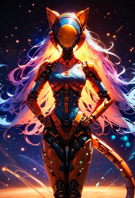 score_9, score_8_up, score_7_up, best quality,  robot girl, solo, mcnm, mechanical visor, space helmet, cat-ear-parts, Streamlined gold color simple space suit, galaxy long hair, mechanical cat tail, standind, hands on hip, cross leg, wind swept hair, wide beach, beautiful sea,