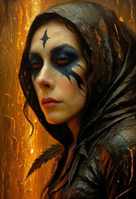 (((closeup painting))) of a female, crouched in an alley, harlequin makeup, tear streaked face, makeup running, brush strokes, impressionistic, (((dream the crow black dream))), horrifically captivating beauty, enticing the viewer closer, painted in style of clive barker, inspired with hellraiser like design, dark shot, shadows, dim light , dark light, red and black theme, cold city street, pouring rain, despair, revenge 
BREAK 
Dutch angle, unique perspective, dramatic lighting