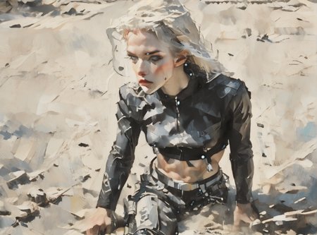 score_9, score_8_up, score_7_up, Fighting scene, shot from above, looking up against all odds, 1girl, pale skin, medium breasts, <lora:sm0k3XLP:1>, <lora:goth_clothes:1>, black crop top, black platform boots, Long white hair, young face, <lora:Always_In_Flux_Style:1>, <lora:OilpaintIMP:1> 0cmtr1g, 0cm, 0cm1sc, 4rch,