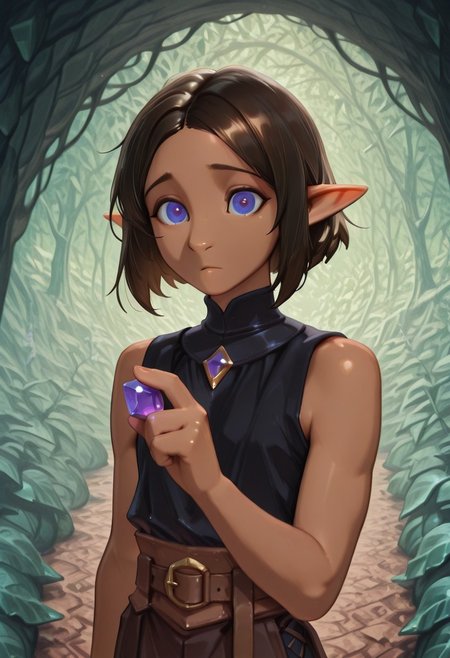 1 Lapanya, solo, Repeta, violet eyes, black sleeveless top,
Raised eyebrows, curious expression,
Holding purple gemstone in one hand, 4-sided gemstone, small gemstone,
organic cavern background, 
Medieval style, Smooth colors, detailed eyes, clean lines, high quality, best quality, masterpiece, rating: safe, source: anime,