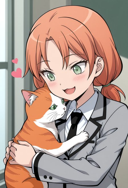 <lora:Hayami_Rinka:1>,Hayami_Rinka,1girl,orange hair,green eyes,low twintails,hug,cat,solid_oval_eyes_,solid_circle_pupils,blush_stickers,facing cat,face against cat,looking at cat,light_blush,:d,heart,white shirt,collared_shirt,grey jacket,black necktie,upper_body,masterpiece,best quality,amazing quality,very aesthetic,absurdres,newest,indoor,