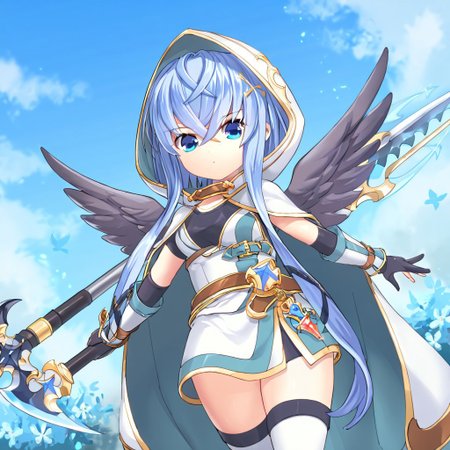score_9
sariel_legeclo, blue hair, blue eyes, black wings, small wings, sidelocks, short hair
default_outfit, white hood, white cape, white robe, belt, black gloves, white thighhighs, black boots, scythe, weapon, magic
holding weapon, standing