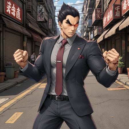 man standing in a street alley in fighting pose, <lora:Kazuya_Mishima_Tekken_XL:.7> kzymtk, 1boy, solo, male focus, black hair, pants,  scar, standing, glowing eye, (formal, necktie:1), glowing, thick eyebrows, red eyes, (muscular:.5), (anime, masterpiece, intricate:1.3), (best quality, hires textures, high detail:1.2), (4k),(incredibly detailed:1.4),UHD, 8K, ultra detailedâââ