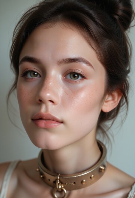 score_9, score_8_up, score_7_up, score_6_up, photo, grainy, amateur, lowres, Tiaris, cute girl, 1girl, solo, freckles, ((bronze collar)), hairbun, portrait, lips, looking at viewer, realistic, dark hair, close-up