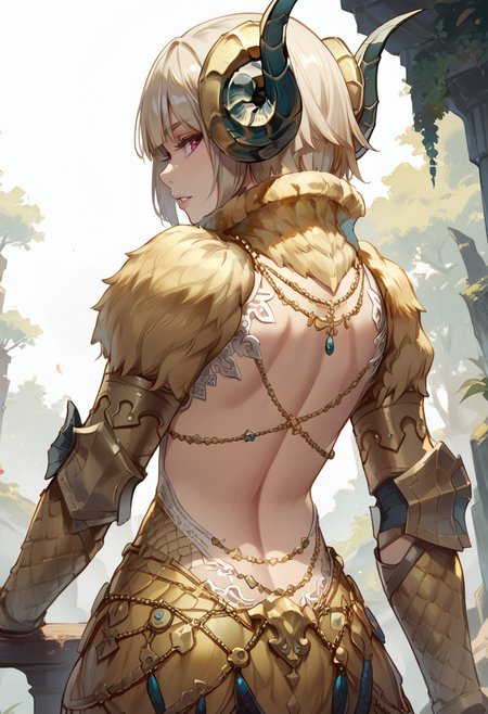 (score_9:0.9),score_8_up,score_7_up,rating_safe,anime style,(zPDXL),<lora:Kulve Taroth Alpha Armor ponyXL v1.3:0.72>,kulve taroth alpha armor,1girl,solo,short hair,gold horn,parted lips,scales,from behind,looking back, back