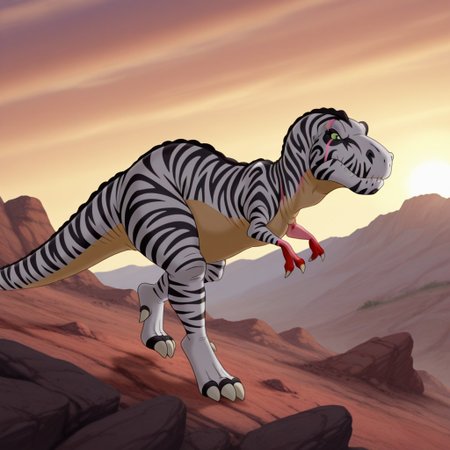 masterpiece, best quality, amazing quality, Tyrannosauruslbtil, feral, Tyrannosaurus rex, zebra pattern skin,  full body, one red finger claw, pink scar,, <lora:f1d6905e-2d23-41f9-88d2-c3b4a710d131:1.0>