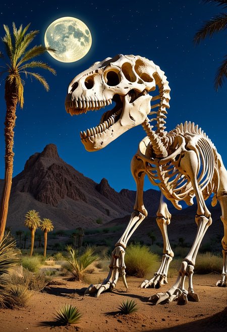 A huge t-rex skeleton  in the desert. Nearby is an oasis with palm trees, plants and water. The intricate details of the skull structure with large, hollow eye sockets and sharp-edged teeth, the rolling hills and distant mountains under a clear blue sky provide a peaceful backdrop, by night. Stars, Moon, rain.
Masterpiece, vibrant colors, very detailed, midjourneyv6.1, Light Painting, detail background, view from side