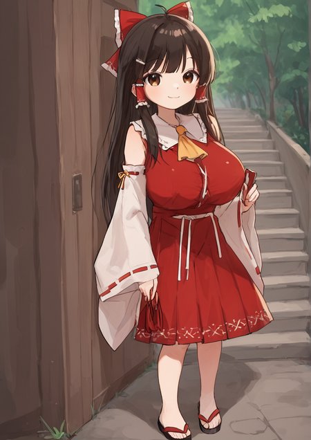 1girl, hakurei reimu, huge breast, ahoge, ascot, black hair, bow, brown eyes, closed mouth, detached sleeves, frilled bow, frills, full body, gohei, hair bow, hair tubes, holding, long hair, looking at viewer, nontraditional miko, outdoors, red bow, red shirt, red skirt, ribbon-trimmed sleeves, ribbon trim, sandals, shirt, skirt, smile, solo, stairs, standing, yellow ascot, zouri,zPDXL3 <lora:PURU:1>