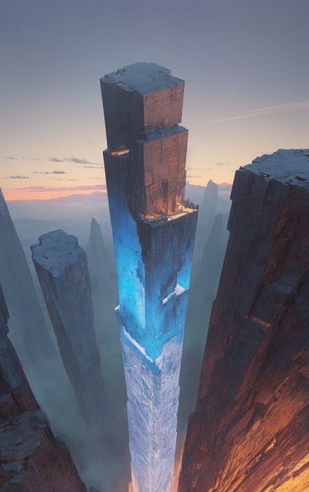 artwork <lora:Moebius:1>, Extreme Wide Shot of landscape with Vertical Balance at evening