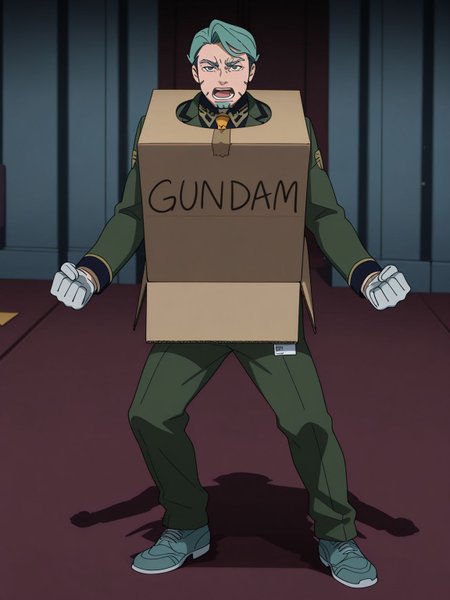 general,best quality, super fine illustration, ultra-detailed, finely detail, highres, 8k wallpaper, perfect anatomy, detailed face,outdoors, indoors,conference room,  BREAK
1boy,male focus, middle age man,serious,shouting,
GQ_Shallia,green hair,green eyes,goatee,gq_mustache,sideburns,thick eyebrows,gq_mustache
GQ_Shallia_clt,yellow necktie,gloves,green pants,green jacket,shoes
A shot with tension, ultra-high resolution,sharp focus,Emotionalization,temperate atmosphere,high-end texture,in the style of fashion photography,(Visual impact:1.2),impactful picture,colorful,movie perspective <lora:IL_GQ_Shallia_Bull:1> gq_bull,
ha_ko_ga, cardboard box, English text,name tag,duct tape,clenched hands <lora:IL_Cardboard_Box_Gundam-000012:1>