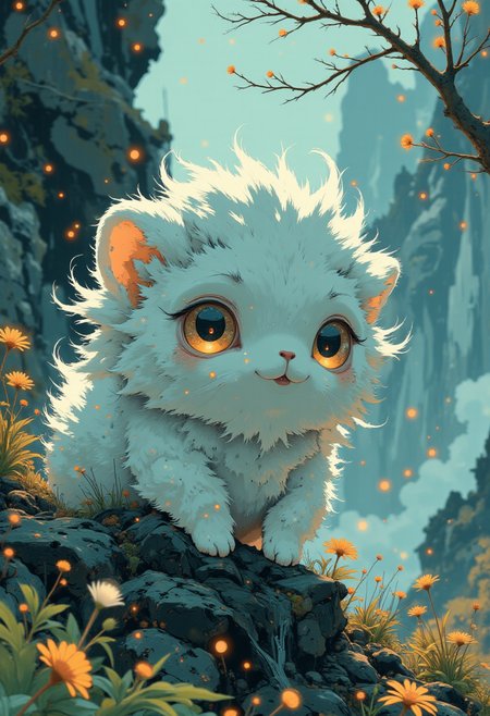 high quality, ultra detailed, colorful, fantasy, bo-neon, a digital artwork featuring a small, whimsical creature resembling a sea creature, the creature, resembling a fluffy, white, spherical creature with a soft, fluffy texture, it has two small, round, black eyes with a simple, smiling face, and small, rounded arms and legs, its body is covered in small, droplets that resemble water droplets, giving it a sparkling appearance, surrounding the creature are numerous small, delicate, white bubbles that resemble dandelion seeds, creating a sense of movement and energy, in the background, there is a blurred, out-of-focus image of a green, leafy plant with small, yellow flowers, adding a natural, organic touch to the scene, the plant appears to be on a rocky surface with a mix of brown and blue hues, suggesting a natural environment, the overall mood of the artwork is serene and dreamy, with a focus on the creature's delicate, ethereal appearance and the soft, natural light filtering through the background<lora:Ethereal_Brush_Anime_v1.0.safetensors:0.6:0.6> <lora:It's a LoRA for portraits, BUT! actually specialized in backgrounds. v1.0.safetensors:0.12:0.12> <lora:boFLUX Abyss Neon.safetensors:0.6:0.6> <lora:Blue_Future.safetensors:0.9:0.9>
