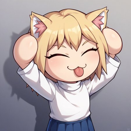 score_9, score_8_up, score_7_up, hand, hands, detailed, 
BREAK
1girl, solo, necoarc, blonde hair, cat ears, :3,
BREAK
turtleneck, white shirt, blue skirt, pleated skirt, pantyhose,
BREAK
AhEtoBlehMeme, closed eyes, tongue out, :p, hands on own head, smile