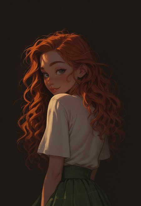 score_9, score_8_up, score_7_up, score_6_up, source_anime, 1girl, cutest girl in the world, orange hair, blond hair highlights, long hair, wavy hair, green eyes, freckles, white shirt, dark green loose skirt, sexy eyes, inviting, naughty smile, suggestive, alluring, cute, big eyes, looking back, looking a viewer, from behind, blushing, curvy, large natural tits, smirk, portrait, detailed drawing, partially illuminated, wide hips, narrow waist, s1_dram,