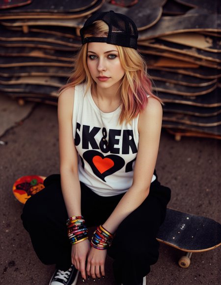 Smooth and soft lighting. high-angle shot from above. looking into camera. Atmospheric and artistic photograph of avrilflx  wearing a reverse Baseball cap. She wears a white tank top with the  label "SK8ER BOI" in large letters over a large heart symbol, baggy pants and converse chuck sneakers. On her left arm are wearing multiple festival bracelets. black nails. blonde and pink hair highlights. Large pile of skateboards in background. Squat pose on a skateboard. blonde hair and black eyeliner. avrilflx  <lora:avrilflx_flux-lora-large:3>