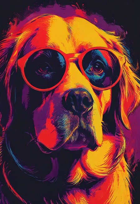 impactful color paint of, a Golden Retriever, wearing dark sunglasses, highly detailed, vibrant colors , 8k, sharp, professional, clear, high contrast, high saturated, , vivid deep blacks, crystal clear