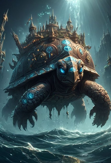 Big enormous giant energy turtle with magical fantasy city on its back, swimming in across monster ocean