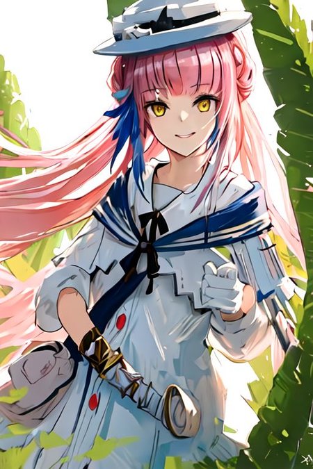 solo_focus, 1girl, ((white background, simple background)):2, (((masterpiece))), ((best quality)), ((ultra-detailed)), high resolution, absurdres, highres, ultra-detailed 8k unity wallpaper, 
ceylon_arknights, long_hair, bangs, pink_hair, feather_hair, feathers, hat, white_headwear, yellow_eyes, blue_feathers, bow, hair_bun, hat_bow, smile, black_bow