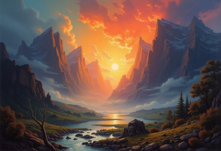 Within celestial confabulate recondite, Auroral maws wink gleams propheticWizened monolith prisms sigillary portcullis partedHolds agape Stygian umbra'd voidBetween egress worlds rebirthed
Endarkening Erebian ebony and amber madrigalsCaress betwixt yawning nadir gulf's seamExtravagant eruptions thence disgorg'd Unsullied volcanic obsidian leviathansScalpel-scribed diademd peaks above empyreal firmamentsBurnished sierra masts jut skywardVeining pyromantic aureola stream
Cimmerian undergrowth rank-weaves brackish mireDiseased frondage flanks effluviac coursesFrom throat-choked calderas gouts belcheMalachite exhalation sheathes amber valancesThat catch aphelon glare - albino celestial tearScatter-disseminated midst nacrein scintillationMoonbeam streaks elixir haze dousing world-without-endIntoxicating cumulus undulant aboveAutumnalia trees in velvet riotAutumnalia banners blown languid wiseZephyr tresses sunder eldritch ectoplasmHal lcy maelstrom alight pinwheel pirouette across nebulous miasma cloaked hills Contours etching gossamer traces silhouetting bygone tales As vapor serpentines amidst terrestrial vestigesTraces linger memories whispered betwixt realms Crosswise.
impressionist painting, loose brushwork, vibrant color, light and shadow play, captures feeling over form, Oil Painting, 
surreal, concept-art, fantasy, beautiful, painterly, detailed, textural, artistic, aesthetic, intricate details, highly detailed, vivid,  volumetric lighting, 
dark fantasy, drkfnts style