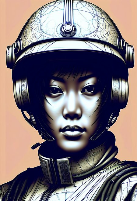 in the style of ck-mgs, nistyle, Special Ink-drawing mode, intricate linework with expressive contrasts, Mh1$AgThS2, Inkplash art on rice paper, sepia, henna , Silhouette Art, magnificent, inksplash closeup portrait of stunning japanese female sc-fi soldier, helmet,nutstylesnut, mirrored visor reflecting jungle environment