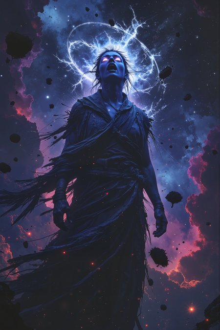 Surrounded by a sea of shattered stars, an ethereal being with deep indigo skin and a mane of celestial, glowing hair screams into the endless void, their voice rippling through the cosmos like a dying supernova. Their silver eyes, vast and endless like twin galaxies, burn with sorrow and vengeance, reflecting the cosmic destruction unfolding before them. Torn, shimmering robes, woven from the very fabric of space, drift weightlessly around their form, frayed and unraveling as if the universe itself is collapsing with their grief. Behind them, planets hang shattered in the abyss, their remains floating as lifeless debris through the endless dark. The celestial rings that once crowned their head are cracked, flickering dimly like dying stars, their former divine brilliance now nothing but a distant memory. Nebulas swirl in turmoil, vibrant hues of violet and crimson clashing in violent spirals, mirroring the chaos raging within them. Their voice, raw and filled with unrestrained fury, sends ripples through the void, distorting space itself with the sheer magnitude of their grief. Unseen forces shudder at the sound, the very laws of existence bending beneath the weight of their cosmic scream. The gods, silent and distant, do not interveneâfor even they fear the vengeance of a fallen star. , detailed background  Fantastic lighting. Detailed shadows.intricate details, vivid colors, hyper-detailed, ultra-sharp, , <lora:Luminous_Shadowscape-000016:0.4><lora:black_fantasy_1.0:0.4><lora:Glitchcore_Flux:0.4><lora:- Flux1 - vanta_black_V2.0:0.4>