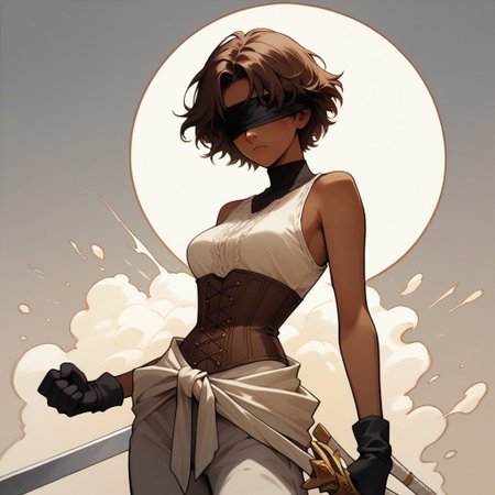 Score_9, Score_8_up, Score_7_up, (masterpiece), best quality, blindfolded, perfect face, perfect anatomy, anime girl, slim, medium breasts, hourglass shape, brown hair, short hair, dark skin and freckles, beautiful and trained bodysuit, white sleeveless shirt, brown corset that highlights her breasts and small waist, loose pants with openings on the sides, without shoes and with long black gloves that reach to her elbows, hippie aura
fighting perspective, with a sword in his hand, about to fight, hell  
<lora:Concept_Masked_Lady:0.7>,
