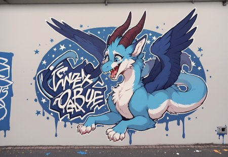 score_9, score_8_up, score_7_up, best quality, furry_graff1ti, inscriptions, paint, street art, furry, anthro, english text, wide wall art, flat painting, flat colors, urban graffiti, painted on wall, wall, outline, solo, ((feral)), portrait,  darra, -furred dragon, female, white and blue fur, wings, horns, tail, chest fluff, paws, fangs, ton back, faded blue eyes, stars background, 