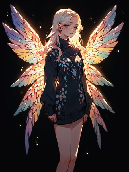 score_9, score_8_up, score_7_up, score_6_up, score_5_up,  <lora:stainedglassXLP:0.65> stained glass wings, 1girl, solo, black background, sweater, long hair,