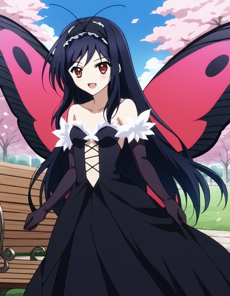 score_9, score_8_up, score_7_up, source_anime, <lora:accelworld-kuroyukihime-s1-ponyxl-lora-nochekaiser:1>, kuroyukihime, long hair, black hair, red eyes, antenna hair,, gloves, dress, bare shoulders, hairband, wings, elbow gloves, butterfly wings, black dress, center opening, collarbone, long skirt, frills, headdress, black headdress,, park, cherry blossoms, bench, gentle breeze, peaceful, running, open mouth, smile, <lora:finger-heart-ponyxl-lora-nochekaiser:1>, finger heart, heart, blush, smile,, looking at viewer, solo,, dutch angle, cowboy shot