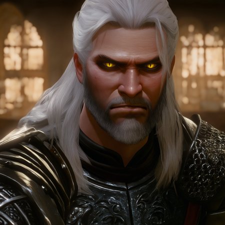 1boy,white hair,long hair,slit pupils,yellow eyes,beard,armor,looking at viewer,angry,indoors,<lora:Witcher3Style_illustrious-step00001400:1>,w3style,realistic,3d,masterpiece,newest,
