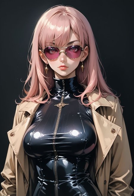 source_anime, score_9, score_8_up, score_7_up, portrait, 
1woman, black skinned, Long straight pink hair, bangs, sunglasses, big breasts, revealing clothes, curvy, Black latex trenchcoat, graphic_female_nudity,
black background, standing, detailed, high quality,