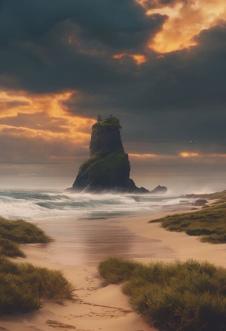 rough ocean storm atmospheric, hyper realistic, 8k, epic composition, cinematic, octane render, artstation landscape vista photography by Carr Clifton & Galen Rowell, 16K resolution, Landscape veduta photo by Dustin Lefevre & tdraw, 8k resolution, detailed landscape painting by Ivan Shishkin, DeviantArt, Flickr,orange sky,thunder,rain, rendered in Enscape, Miyazaki, Nausicaa Ghibli, Breath of The Wild, 4k detailed post processing, artstation, rendering by octane, unreal engine  ar 16:9