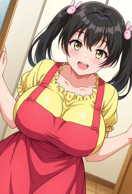 general,highres, ultra-detailed,very aesthetic,best quality ,best hands,best eyes,easynegative,
dynamic anglre, dutch angle, anime cloring,
1girl solo,looking at viewer,smile,bedroom, open mouth, standing, 
Cocoa,black_hair, twintails, hair_ornament, yellow_eyes, huge_breasts,smock,