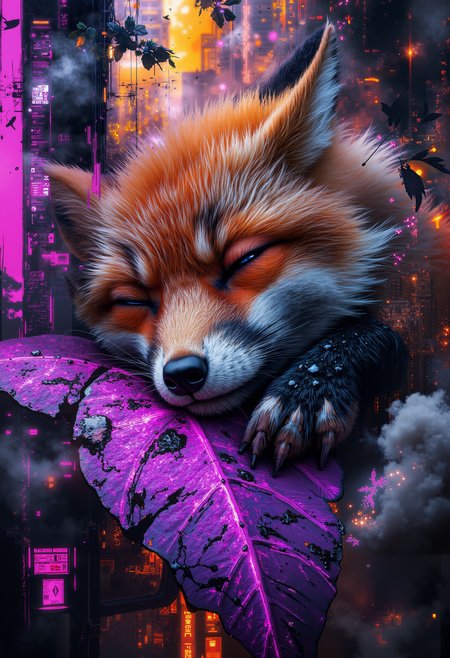 bo-neon, bo-abyss, bo-cityscape, bo-exposure, bo-cyberpunk, bo-steampunk, aidmaMJ6.1, foggy, surreal dream, double exposure, living in a thunder cloud, a highly detailed, realistic digital artwork depicting a sleeping fox, the fox is positioned in the center of the image, with its head resting on a large, vibrant purple leaf, its fur is a mix of orange and white, with a soft, fluffy texture, and its eyes are closed, giving it a serene and peaceful expression, the leaf is glistening with water droplets, reflecting the light and creating a sparkling effect, the background is blurred, featuring a gradient of warm colors, including pink, purple, and yellow, which adds a dreamy, ethereal quality to the scene, the texture of the leaf and the fox's fur is meticulously detailed, with the droplets adding a sense of realism and depth, the overall style is highly polished and realistic, capturing the essence of a tranquil, almost dreamlike moment, the artwork is rich in detail and color, making it a captivating and immersive visual experience, partially blended with abstract digital elements. The scene has a dark, moody ambiance. The background features layers of glitch art, fragmented texts, and metallic textures. contrasting against the monochromatic tones of black, grey, and hints of green. Smudged paint and scratches add a sense of decay and technology.<lora:Flux\boFLUX digital-abyss.safetensors:0.8:0.8> <lora:boFLUX Abyss Neon.safetensors:0.7000000000000001:0.7000000000000001> <lora:Flux\boFLUX In the Sky v2.safetensors:0.85:0.85> <lora:Flux\aidmaMJ6.1-FLUX-v0.4.safetensors:0.8:0.8>