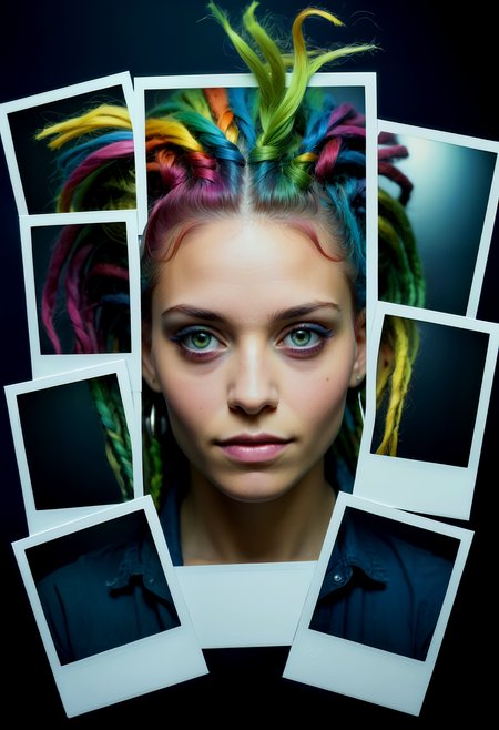 polaroid photos, poluzzle closeup of a beautiful woman, with rainbow dreadlocks, dark moody atmosphere, dark lighting, beautiful eyes, polaroid photos, collage, cinematic, dark atmosphere<lora:poluzlle:1> poluzzle, polaroid photos,  RAW Photo, ultra detailed
