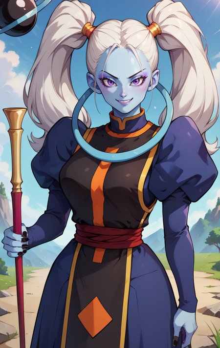 score_9, score_8_up, score_7_up, BREAK  <lora:marcarita:1> marcaritaSDXL, 1girl, solo, long hair, looking at viewer, smile, long sleeves, holding, twintails, jewelry, cowboy shot, white hair, puffy sleeves, purple eyes, makeup, colored skin, juliet sleeves, staff, black nails, arm behind back, holding staff, blue skin, hair pulled back