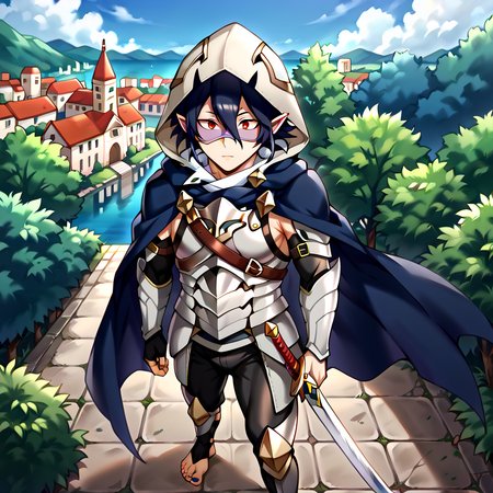 masterpiece, best quality, sharp aliasing, highly detailed, Quality, High Definition, Full Body View, <lora:EPfeCorrinPony:1>EPfeCorrin, blue cape, armour, black gloves, black pants, wearing pants, outdoors, day, stone ground, tree, bush, buildings, barefoot, toeless legwear, armoured legwear, stirrup legwear, 5 toes <lora:Amajiki_Tamaki__Pony:1>Tamaki Amajiki, pointy ears, red eyes, dark blue hair, hair between eyes, hood, mask, male, male body, sword, standing <lora:feet_anime_pony_v2:1>feet, dark blue toenails