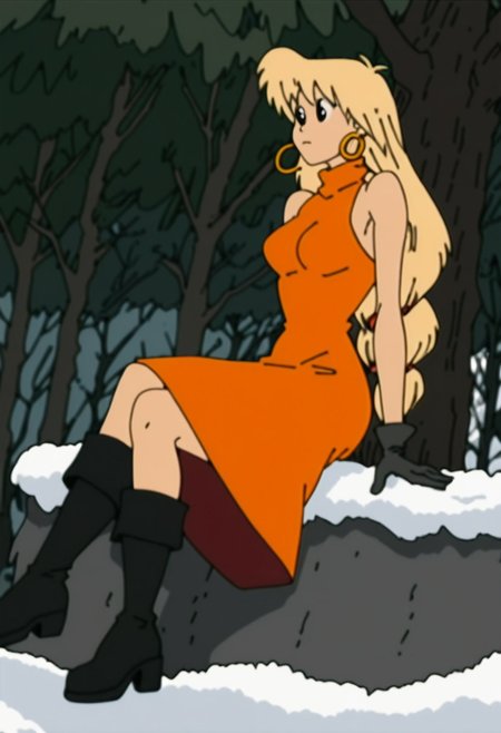 score_9, score_8_up, score_7_up, score_6 
woman, tiffany, kangoo,detailed eyes, detailed face, (retro artstyle, 1990s \(style\), flat color, toon \(style\)),1girl, female, dress, solo, female,black eyes, breasts, outdoors, red dress, snow, tree, signature, medium breasts, sleeveless dress, boots, black footwear, sleeveless, orange dress, closed mouth, bare shoulders, full body, body, alternate hair length, long hair, alternate hairstyle, arm support, gloves, sitting,blonde hair