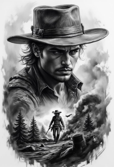 Pencil drawing, black and white, pencil strokes, black pencil shading, charcoal drawing, toned paper, pencil drawing, brutal dark black and white color scheme, Close Up, Masterpiece, 8K, HDR, RGB, Ultra-HD, intricate action shot of a cowboy in a gunfight, cinematic Steve Henderson, Fabian Perez, Henry Asensio, Jeremy Mann, Marc Simonetti, fantasy, Red Dead Redemption 2 atmosphere, cinematic, #photography, buff painting,