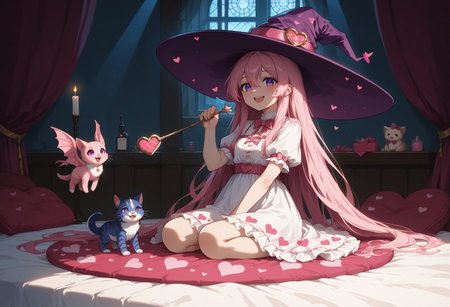score_9, score_8_up, score_7_up, source_anime, ne0nfant4sy, masterpiece, best quality, very aesthetic, full body, 1girl, 25yrs old, womasn, witch, pink hair, purple eyes, long hair, hair between eyes, very long hair, pink wizard hat, pink and white dress, heart pattern cloche, cute fashion, smiling, mouth open, pink bedroom, sun light rays, contrast lighting, holding a wand, valentines day theme, cute bedroom, love, hearts, passion, cute, 