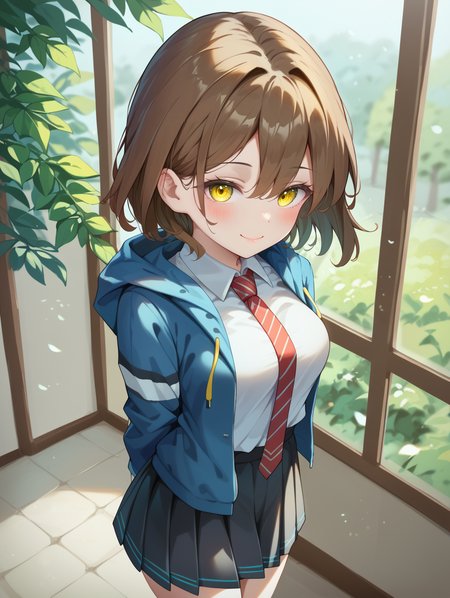 1girl, 
dynamic angle, depth of field, solo, breasts, medium breasts, necktie, brown hair, hooded jacket, skirt, black skirt, smile, jacket, white shirt, blurry, closed mouth, collared shirt, blue jacket, standing, shirt tucked in, floating neckwear, yellow eyes, hood, shirt, cowboy shot, arms behind back, blush, light particles, floating clothes, dress shirt, looking at viewer, short hair, red necktie, long sleeves, pleated skirt, wind,
A young girl with shoulder-length brown hair and yellow eyes. she is wearing a blue jacket with white stripes on the sleeves and a black skirt. the background is blurred, but it appears to be an outdoor setting with trees and foliage. the girl is standing in front of a window with her arms stretched out to the sides, as if she is posing for the camera. she has a serious expression on her face and is looking directly at the viewer.
score_9, score_8_up, score_7_up, source_anime
 <lora:style019:1.0>