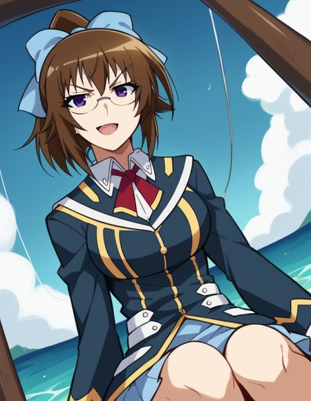 score_9, score_8_up, score_7_up, source_anime, <lora:mogana-kikaijima-s2-ponyxl-lora-nochekaiser:1>, mogana kikaijima, brown hair, purple eyes, ponytail, glasses, hair bow, blue hair bow, large breasts,, <lora:pirate-costume-ponyxl-lora-nochekaiser:1>, pirate costume, pirate hat, skirt, gloves, jacket, shirt, eyepatch,, blue sky, sea, ocean, pirate ship, treasure, gold, smug, open mouth, from below, sitting,, , dutch angle, cowboy shot